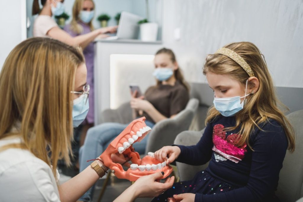Dental hygienist demonstrates teeth model to young girl during educational presentation in clinic.